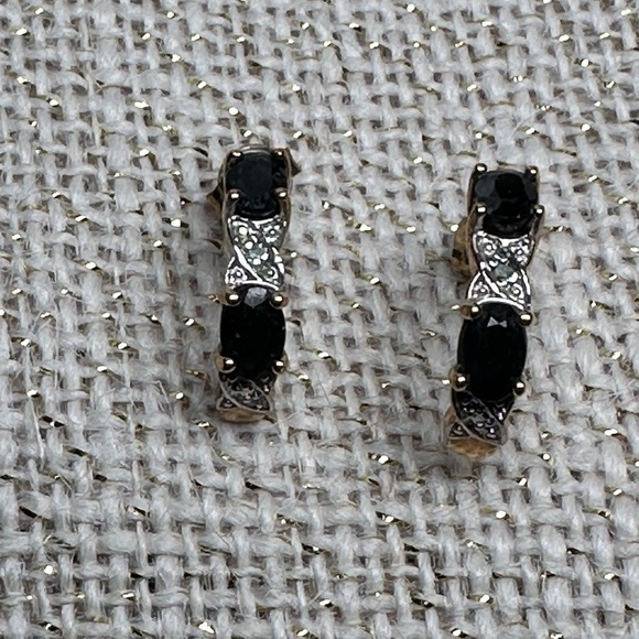 EARRINGS Sapphire Genuine 925 Sterling Silver Gold Overlay Pierced Post 4088 B - Picture 1 of 8